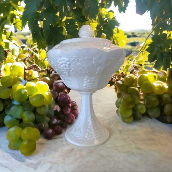 Milk Glass Harvest Grape Design Candy Dish/Compote - Picture 3 of 11